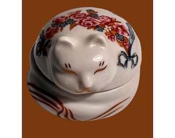 Vintage Elizabeth Arden Japan Asian Inspired Cat Candle Trinket Box pudełko na drobiazgi 3,5" x 2,5"