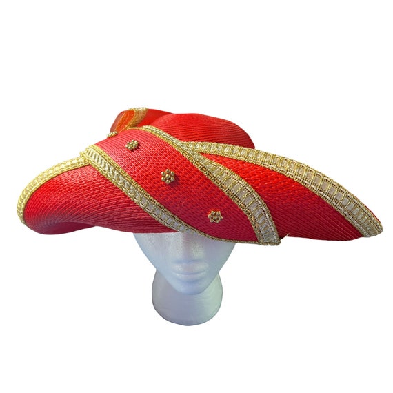 Vintage Juan Ell Red Straw Woven hat Gold trim Bo… - image 1