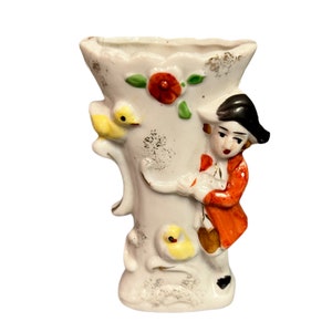 Vintage Mini Bud Vase Porcelain Figurine Colonial Boy Ducks Hand-Painted Japan