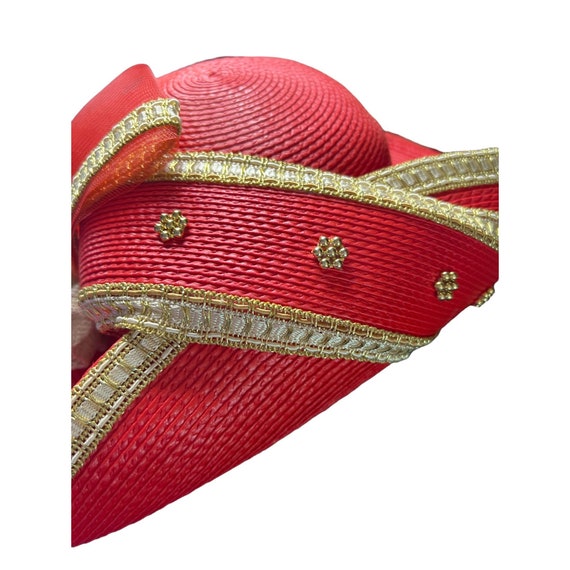 Vintage Juan Ell Red Straw Woven hat Gold trim Bo… - image 3