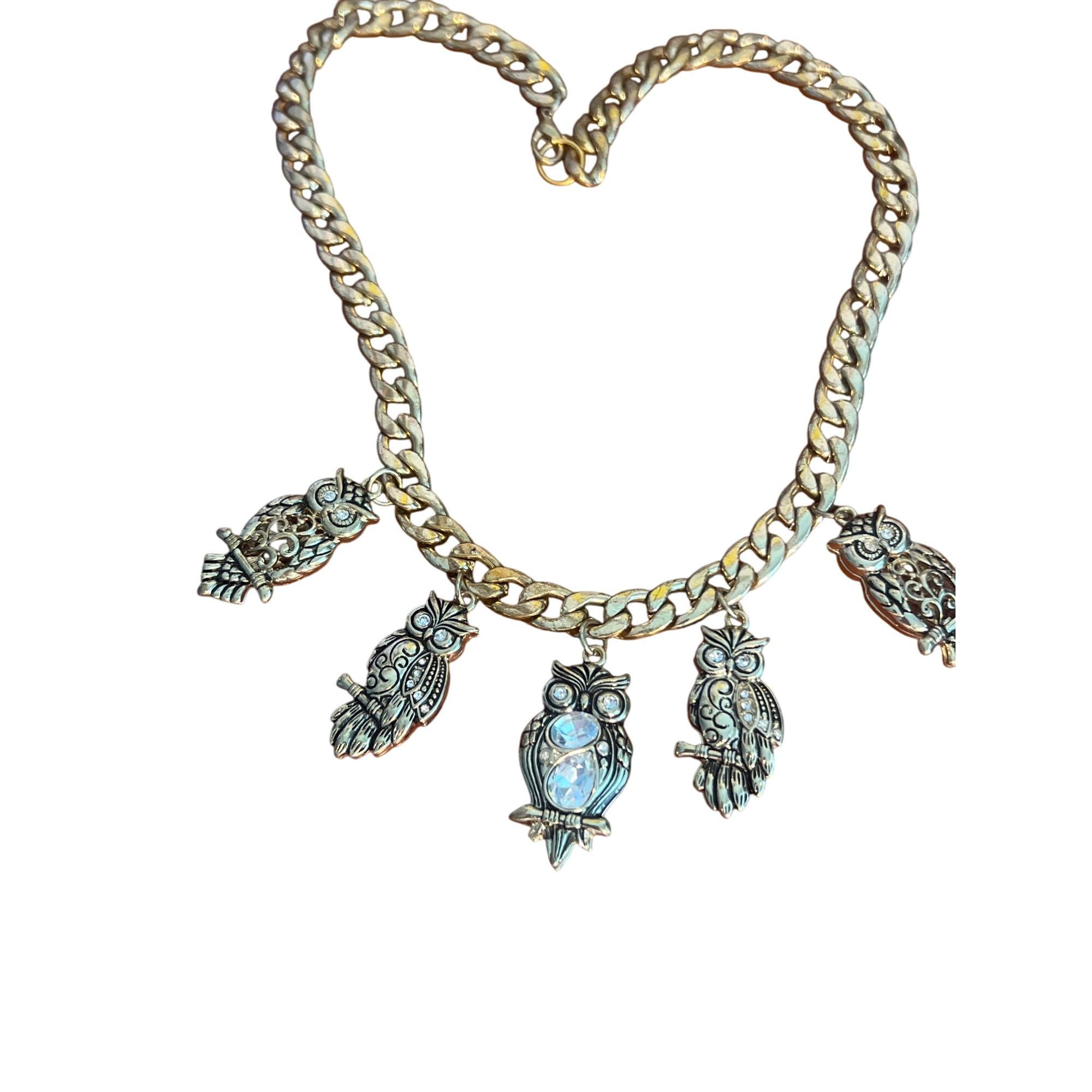 Cuban Link Gold Tone Necklace Owl Charms Clear Rhinestones Chunky Statement 18"