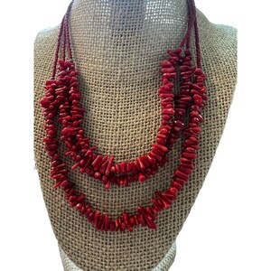 Vintage Sterling Silver Red Coral Necklace Layered 3 strand Statement 18&quot; long