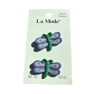La Mode Hand Painted Dragonfly Buttons Conjunto de 2 Verde e Roxo 1213 Novo no Cartão