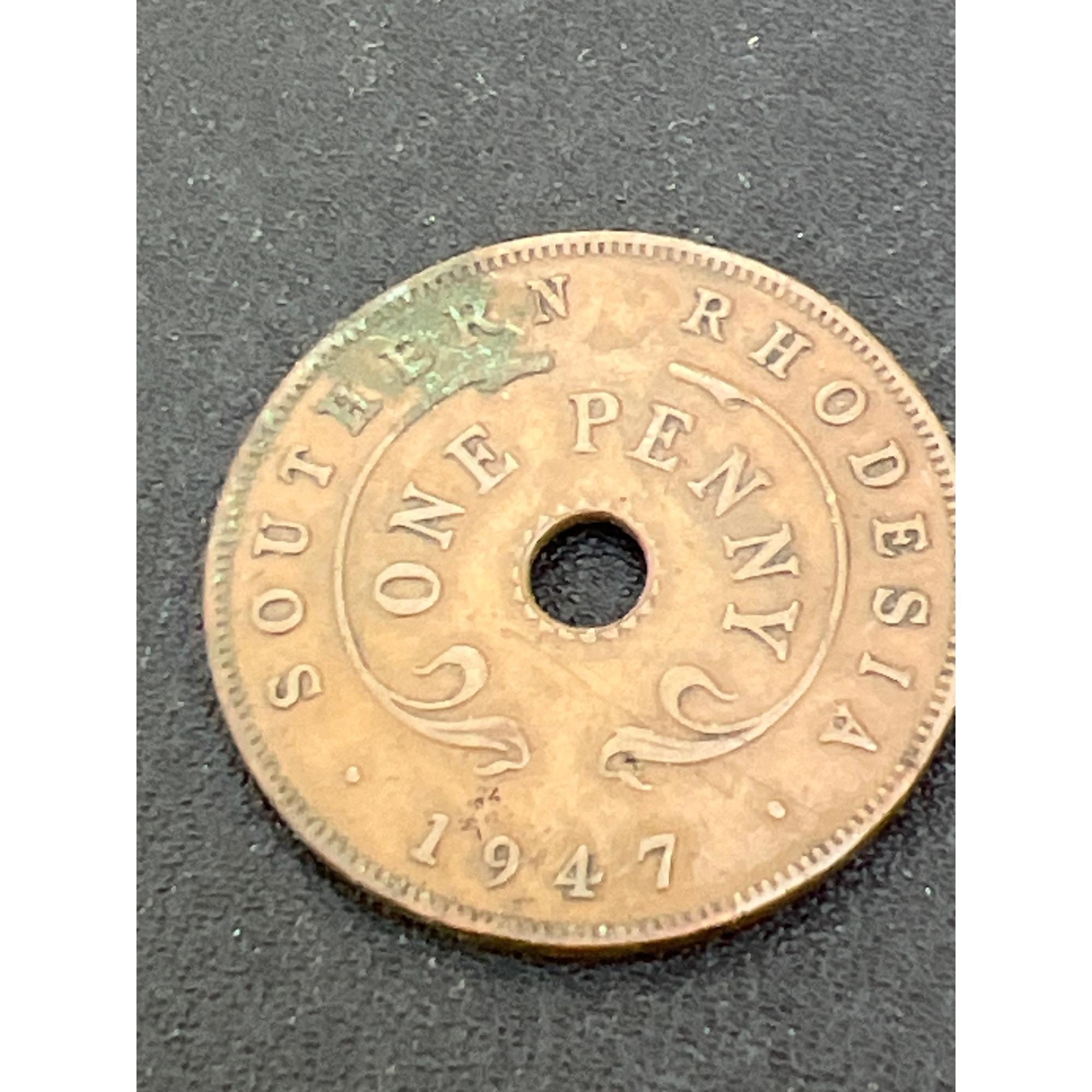 1947 Southern Rhodesia One Penny Coin With Hole Copper George VI