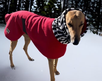 Greyhound coat deluxe style luscious red with zebra print very wide neckband, winter thick