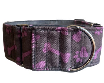 Greyhound cotton covered  martingale collar large wide purple bones on nearly black cotton drill  fabric