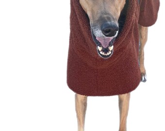 Chocolate brown Greyhound coat in mid weight teddy bear fleece deluxe style with a snuggly huge collar