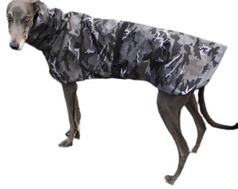 Ultra lightweight Greyhound rainwear deluxe style in weatherproof nylon, army print black & Grey Cammo  design