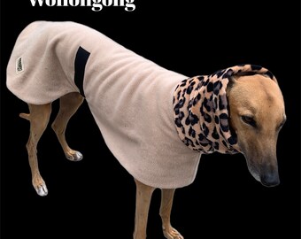 Greyhound coat deluxe style beige with super soft leopard print very wide neckband, winter thick