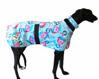 Delicious soda pop print Greyhound Autumn/Spring dog coat cotton/fleece combination with separate snood