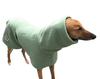 Greyhound coat in trending sage teddy bear fleece deluxe style with a snuggly huge collar