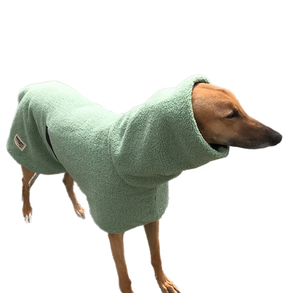 Greyhound coat in teddy bear fleece deluxe style with a snuggly huge collar