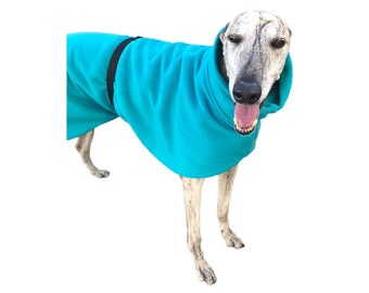 Striking Greyhound deluxe dog coat in warm & thick, plush turquoise polar fleece machine washable