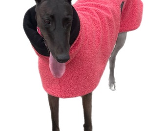 Greyhound coat in extra thick teddy bear fleece in a reef coral, deluxe style with a snuggly huge collar