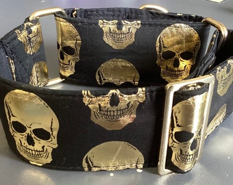 Greyhound cotton covered martingale collar wide comfortable black cotton with gold metallic skulls super soft