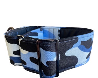 Greyhound cotton covered martingale collar  50mm wide blue Cammo design, sturdy cotton