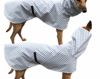 White with black dots Ultra lightweight Greyhound raincoat deluxe style in weatherproof nylon