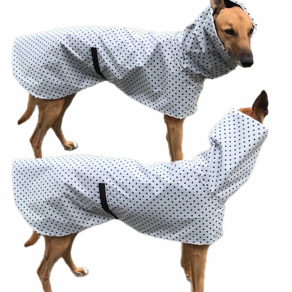White with black dots Ultra lightweight Greyhound raincoat deluxe style in weatherproof nylon