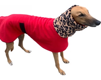 Greyhound coat deluxe style luscious red with super soft leopard print very wide neckband, winter thick