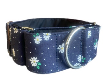 Navy with daisy cotton covered Greyhound martingale collar 50mm wide cotton fresh design super soft