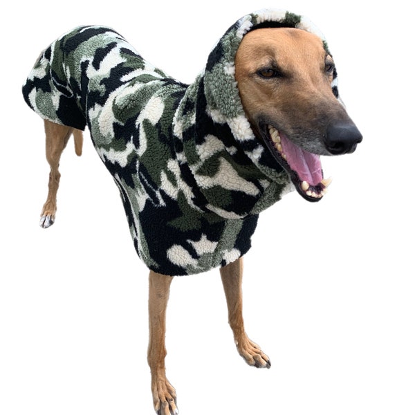 Khaki green & black Camouflage deluxe  style greyhound coat in extra thick sherpa and polar fleece with extra wide hoodie