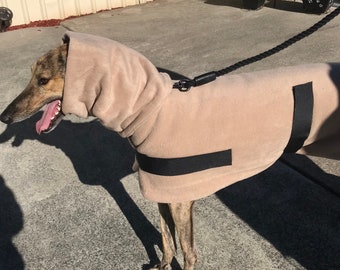 Classic beige Greyhound dog coat double thick polar fleece machine washable, snood an optional extra