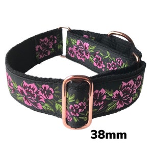 Greyhound martingale collar 38mm width vintage pink flowers on black elegant and comfy