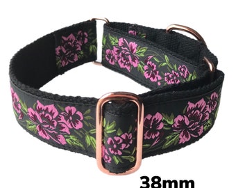 Greyhound martingale collar 38mm width vintage pink flowers on black elegant and comfy