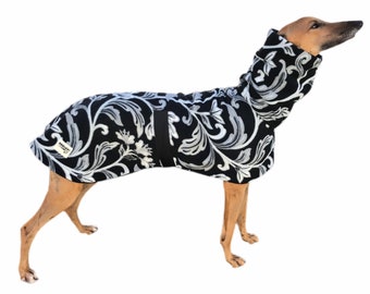 Opulence in deluxe style greyhound coat in thick, soft and snuggly polar fleece machine washable, black with grey swirls