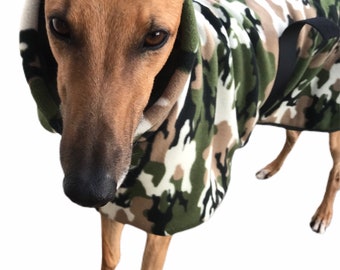 Green Camouflage deluxe greyhound coat in extra thick double polar fleece Sherpa lined, with extra wide hoodie