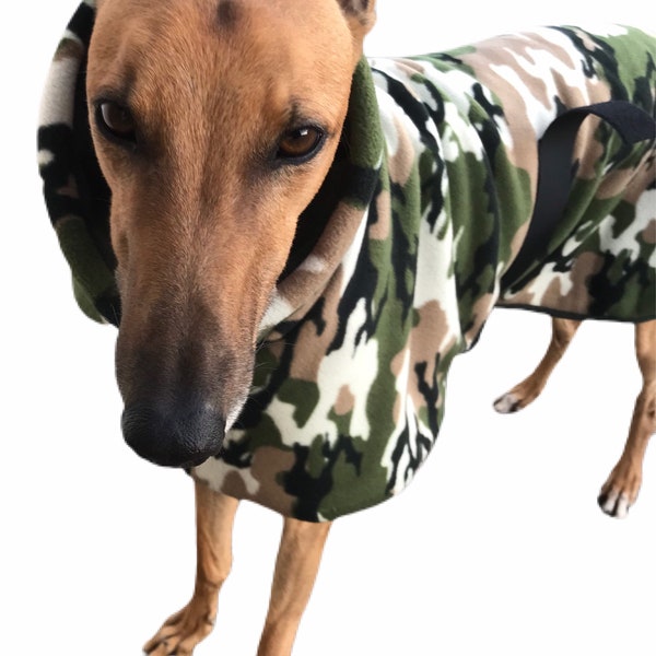 Green Camouflage deluxe greyhound coat in extra thick double polar fleece Sherpa lined, with extra wide hoodie