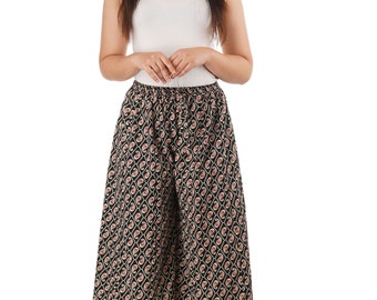 Palazzo Culotte Style Ankle Length Trousers Cotton Wide Leg Bohemian Yoga Block Paisley Print Summer Pyjamas Beach Wear Black & Red Pleated