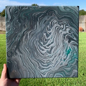 Gray & Green Paint Pour on 12&quot; x 12&quot; Canvas