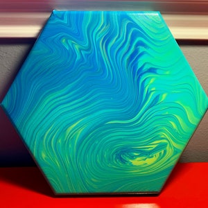 Blue & Green Tree Ring Acrylic Paint Pour on 6 inch Hexagon Canvas