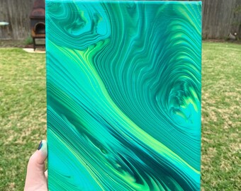 Green & Turquoise Paint Pour on 8" x 10" Canvas