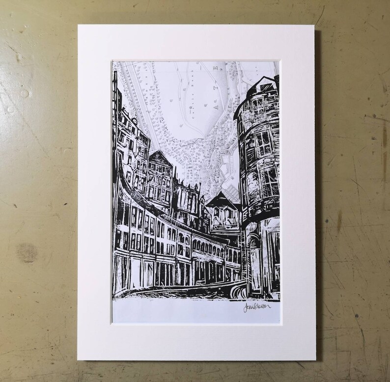 A4 Edinburgh Linocut on Map Victoria Street and Kings StablesPolice Yard black /& white in mount