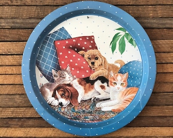 Vintage metal tray, Puppies & Kittens, Dogs and Cats round tin serving tray, Cute baby animals kitchen tray