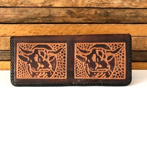 Vintage Tooled Leather Mens Wallet Western Cowboy Billfold Long con bordes trenzados, regalo para él papá, tarjeta de crédito titular del dinero