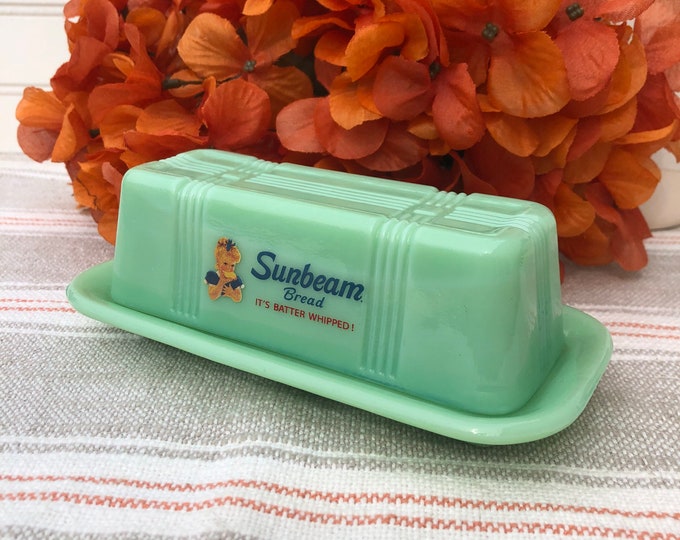 Vintage Jadeite Green Butter Dish, Sunbeam Bread Table Decor, Baking