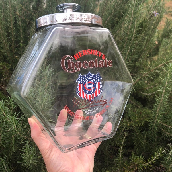 Hershey’s Chocolate Candy Cookie Counter Jar, Vintage Glass Storage Container, Glass Canister with Metal Lid, Hershey Collectibles