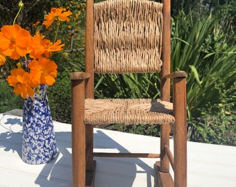 Vintage Miniature Wooden, Rattan Rocking Chair, Doll Chair, Stuffed Animal Holder, Pretend Play, Small Plant Holder, Gift for Her