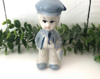 Vintage Holland Dutch Boy holding Umbrella Porcelain Little Boy Blue & White Figurine