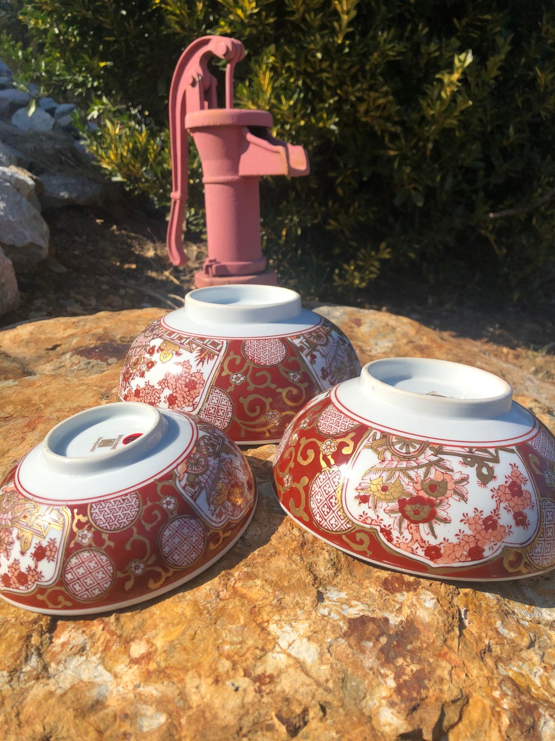 Vintage Japanese Gold Imari Noodle, Rice Bowls, Heygill Imports, Hand Painted, Footed, Set of 3