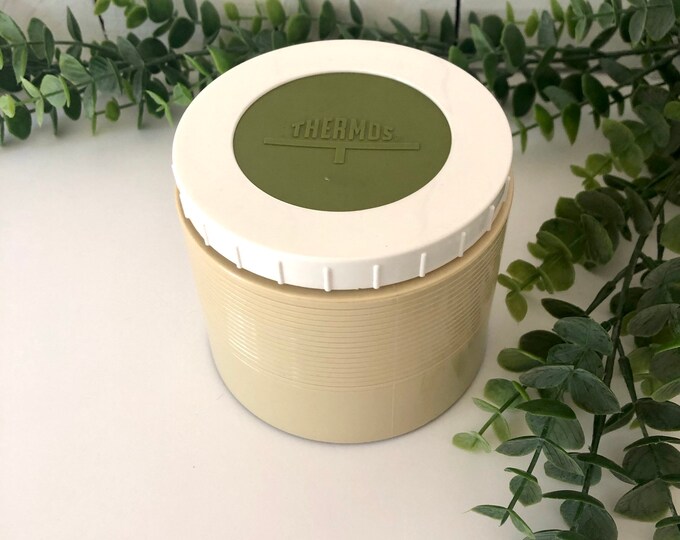Vintage Thermos Insulated Jar Model 1155, Beige, White & Olive Green