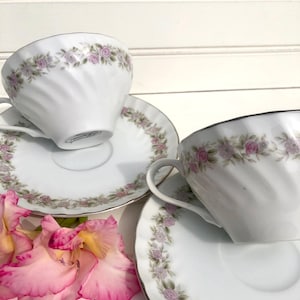 Vintage Teahouse Rose, Set of 2, Tea Cups & Saucers, Pink Floral Silver Rims,Dansico of Japan, Mixmatched Dinnerware, Teahouse Replacement
