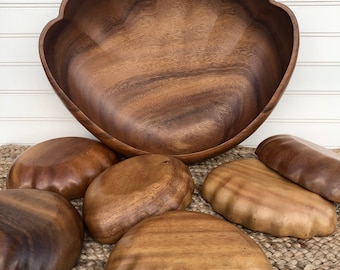 Vintage Monkey Pod Salad Bowl Serving Set, 7 piece Monkey Pod Scalloped Hand Carved Wooden Bowls, MCM, Kitchen Essentials, Outdoor Living