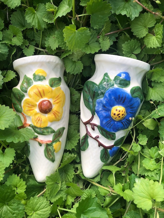 Antique Floral Wall Pockets Set of 2 Blue Yellow Flowers Etsy