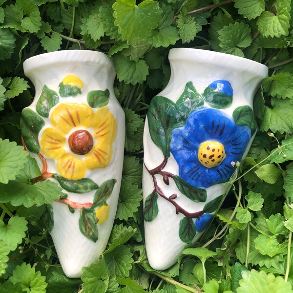 Antique Floral Wall Pockets, Set of 2, Blue Yellow Flowers, Garden Botanical Wall Decor, Plant Propagation Stations