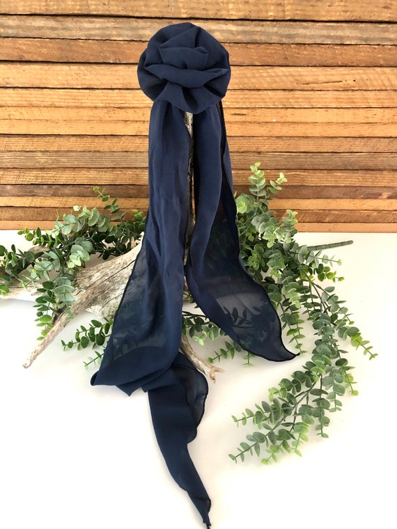 Lovely Vintage Scarf, Navy Blue with Flower Clip,… - image 2