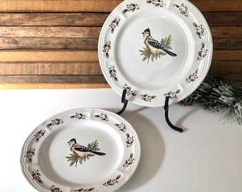 Set of 2, Vintage Gibson Blue Jay Winter Bird Plates, Christmas Appetizer, Salad, Cookie Serving Plates, Christmas Gift, Gift for Her